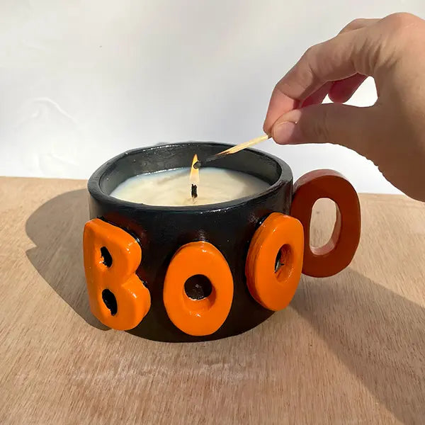 Boo Halloween themed mug candle making creation