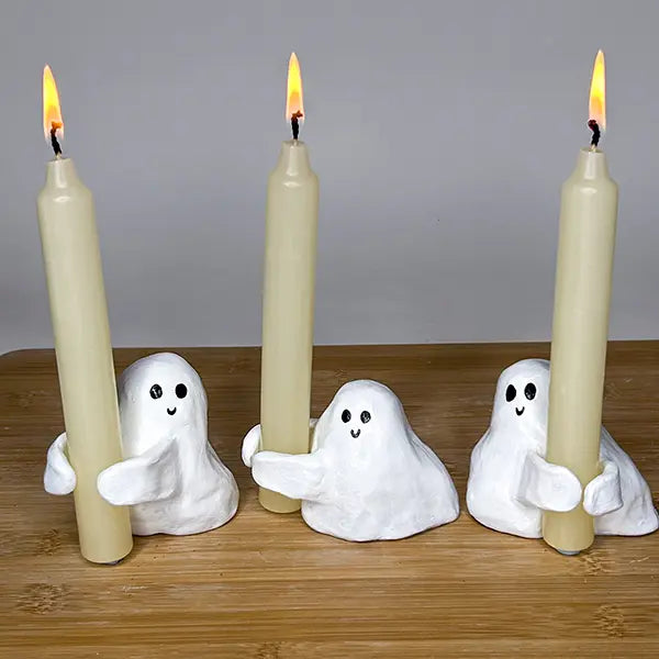 3 white ghosts candle holder Halloween pottery creation