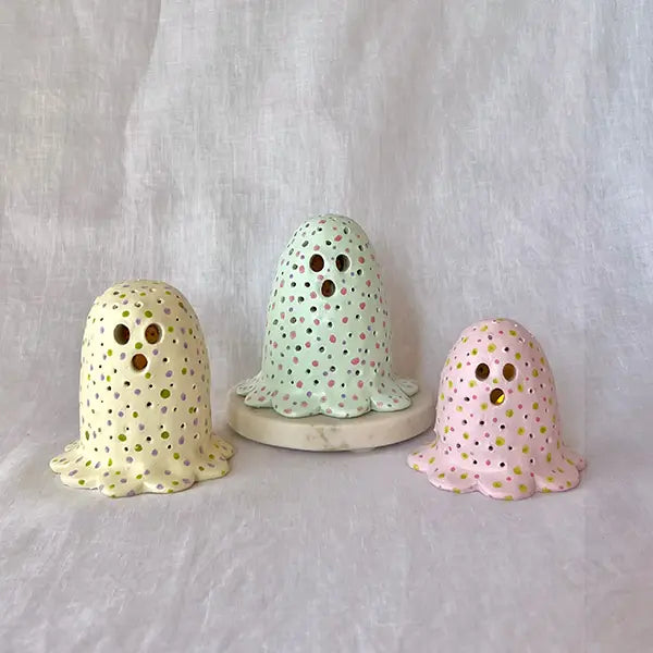 3 polka dot ghost tealight pottery Halloween creation