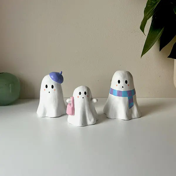 3 small ghost figurine pottery Halloween creation