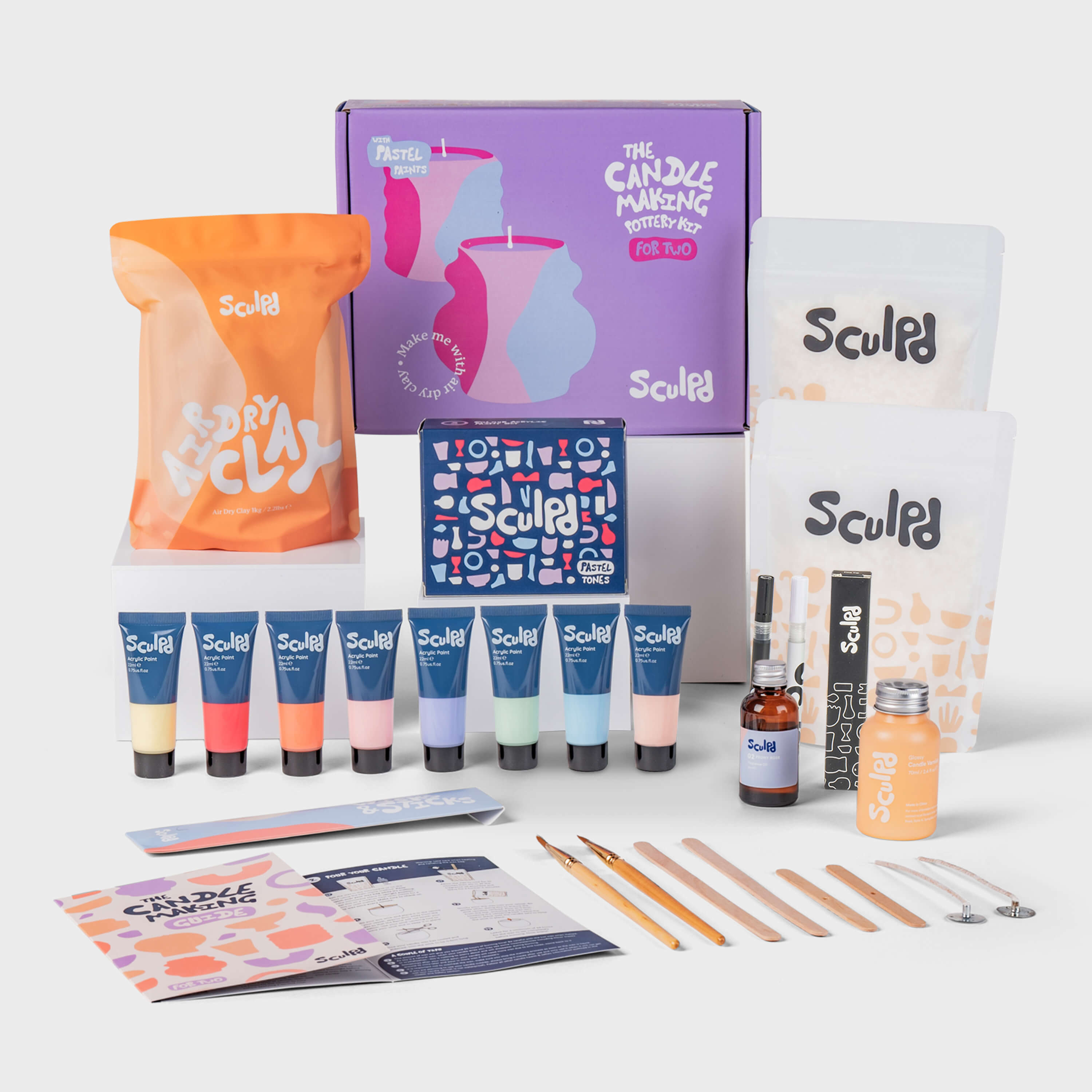 Sculpd Candle Making Kit for Two with Pastel Tones Paint Set and Fine Tip Pens - Purple Box