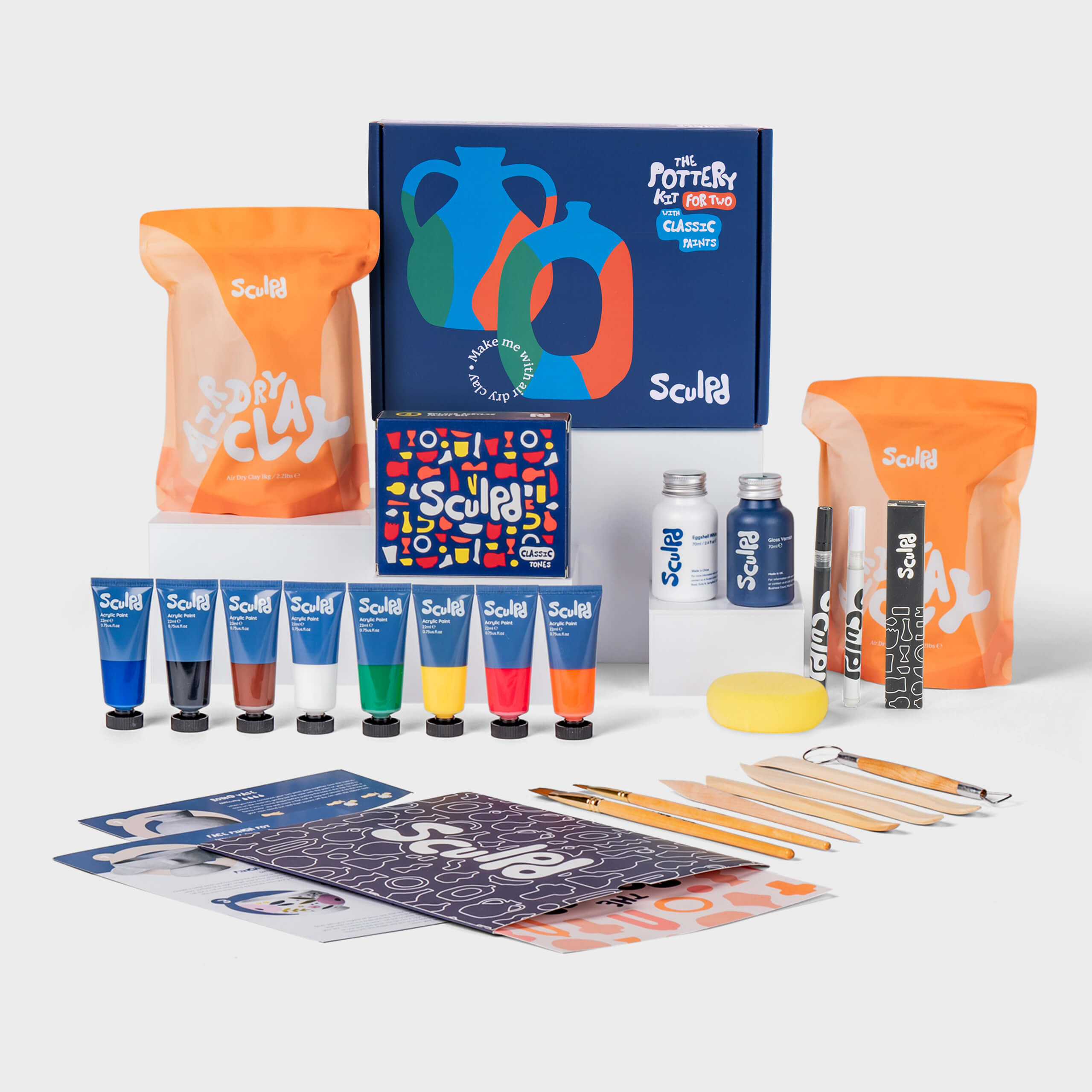 Sculpd Pottery Kit for Two with Pastel Tones Paint Set and Fine Tip Pens