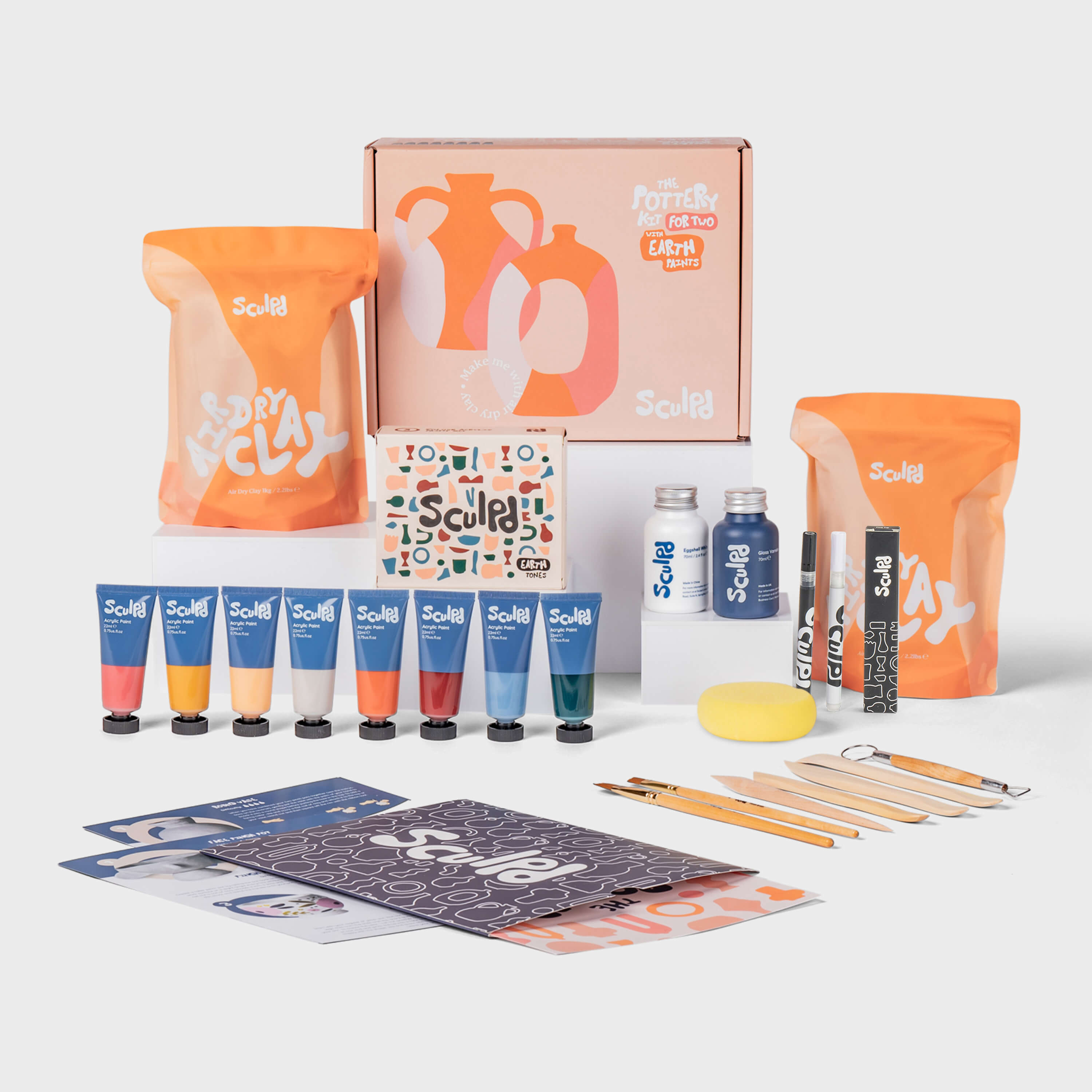 Sculpd Pottery Kit for Two with Earth Tones Paint Set and Fine Tip Pens