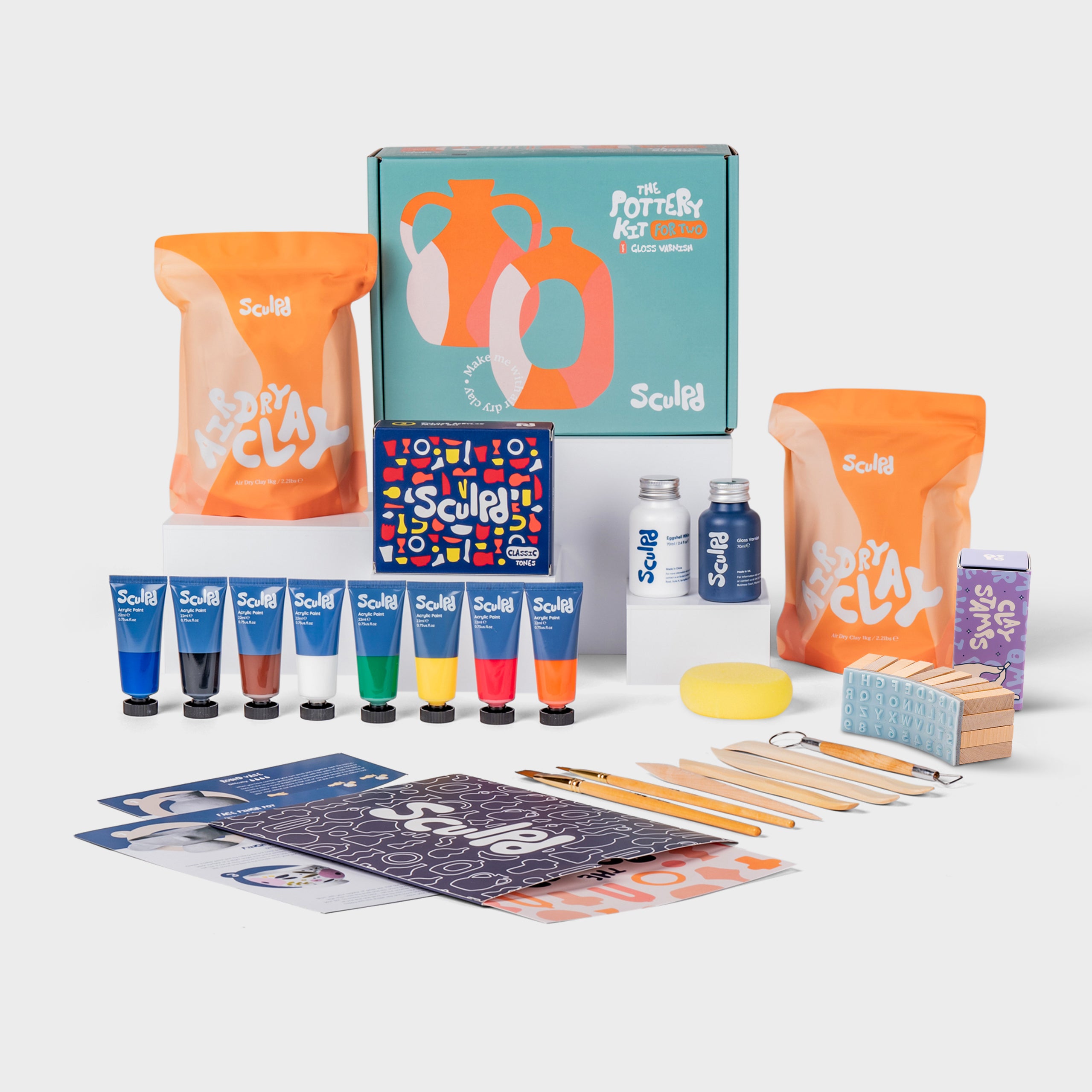 Sculpd Pottery Kit for Two with Classic Paints, Varnish and Clay Stamps