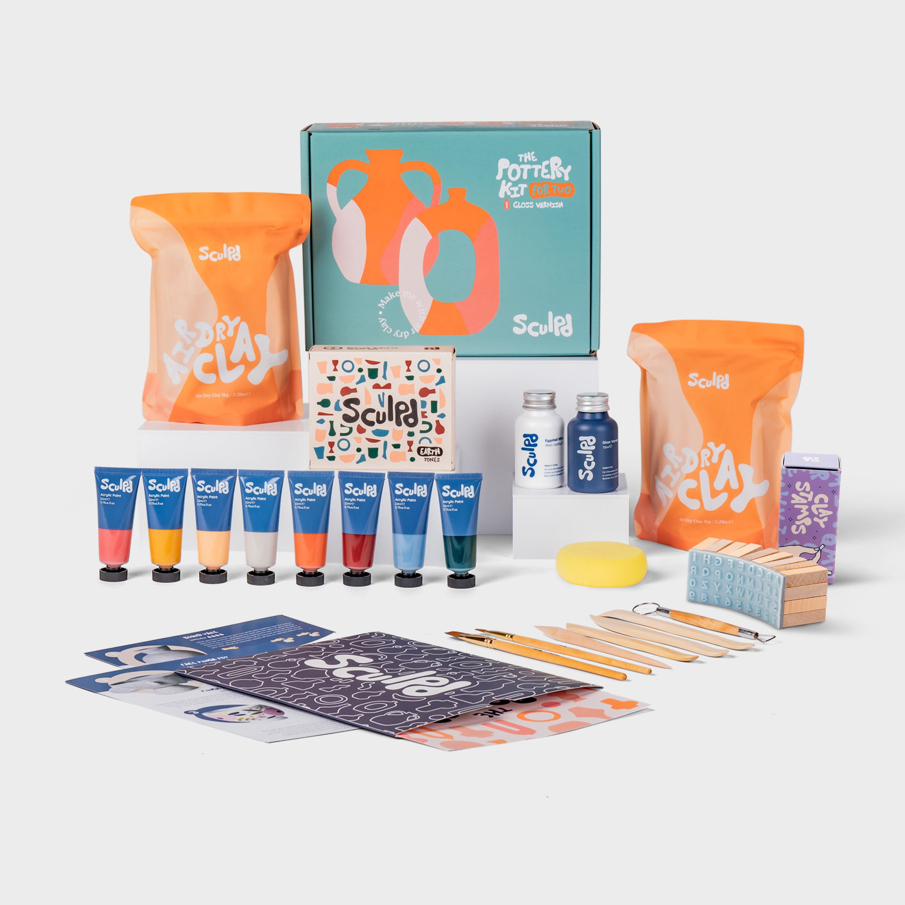 Sculpd Pottery Kit for Two with Earth Paints, Varnish and Clay Stamps