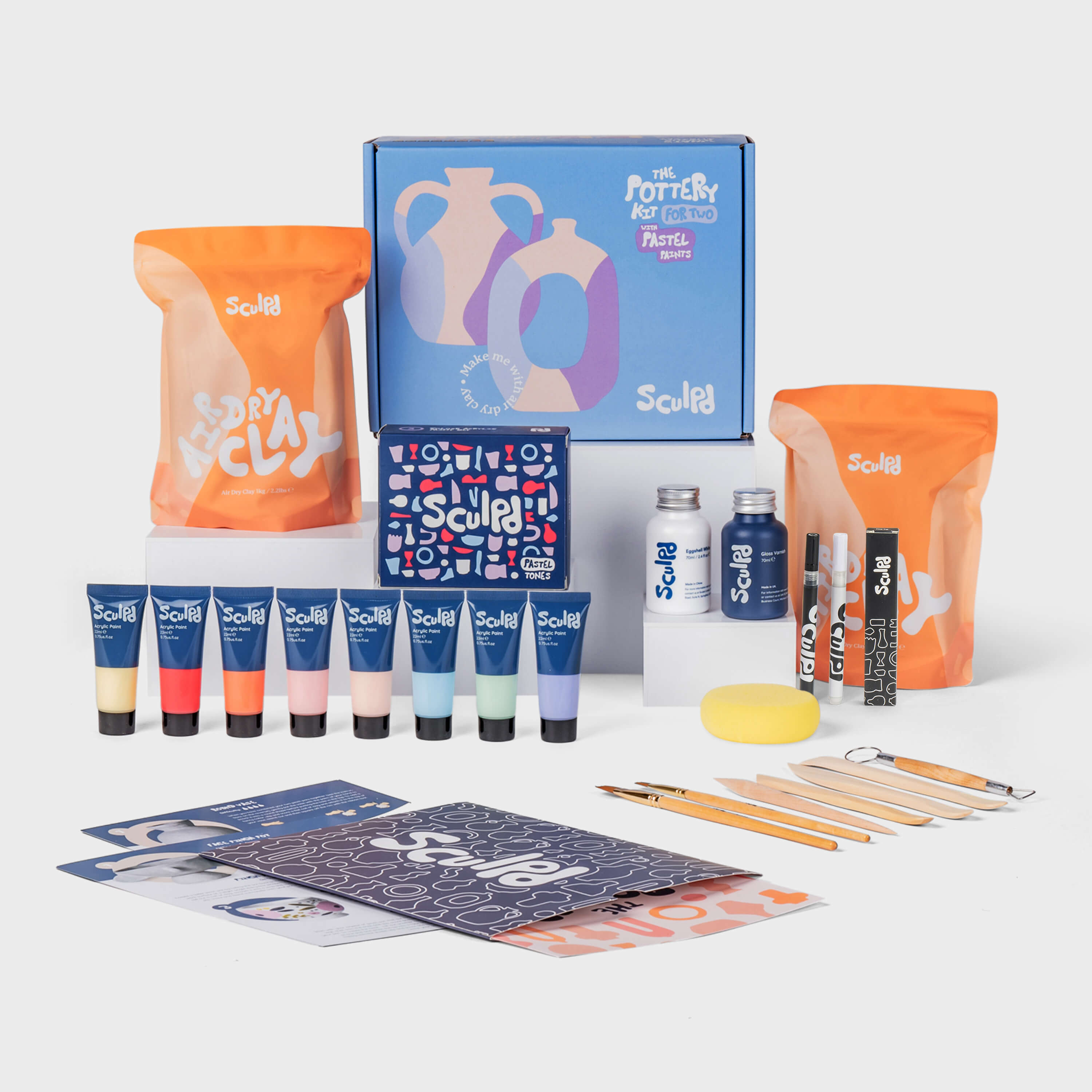 Sculpd Pottery Kit for Two with Pastel Tones Paints and Fine Tip Pens Set