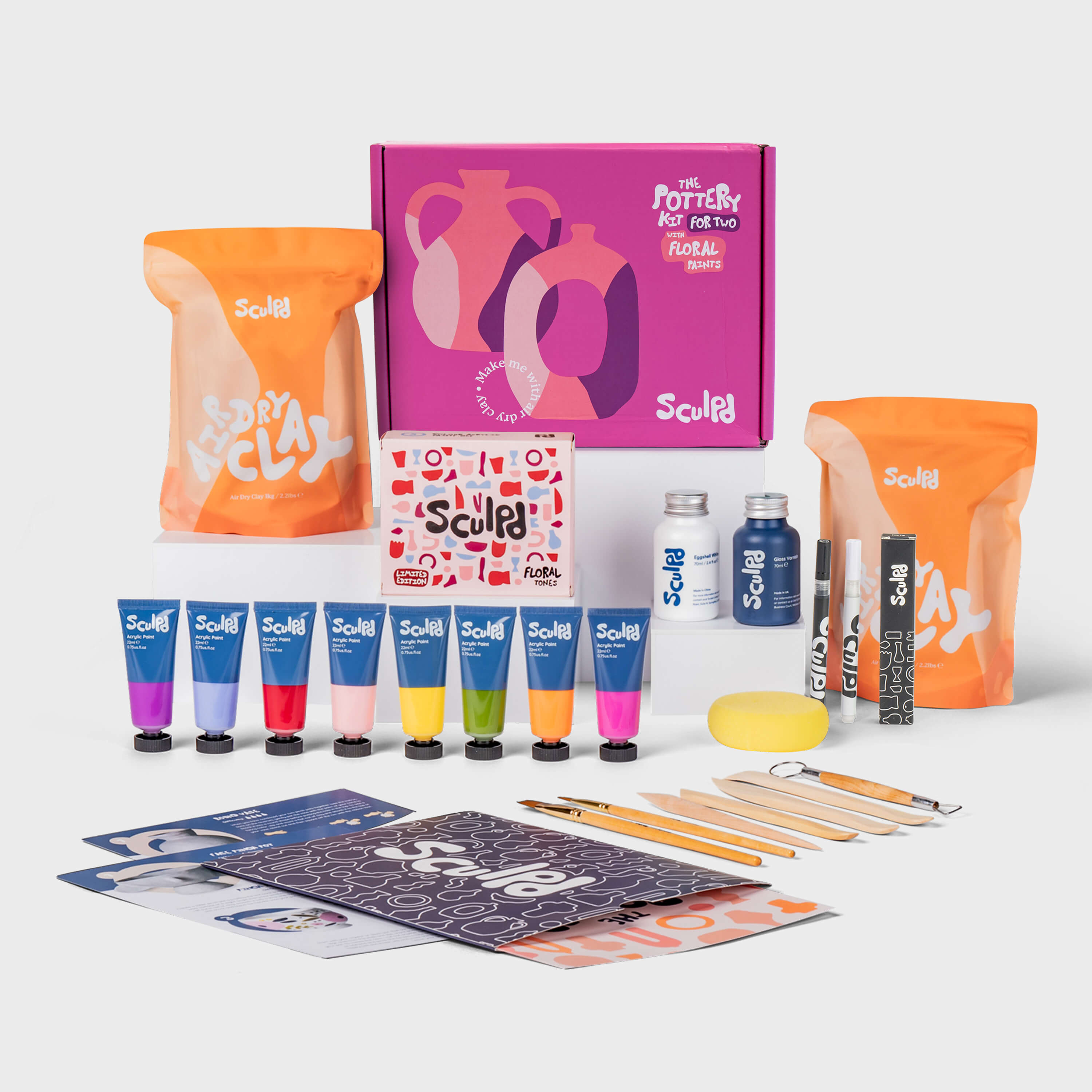 Sculpd Pottery Kit for Two with Floral Tones Paint Set and Fine Tip Pens - Pink Box