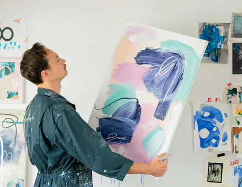 A colorful abstract painting in an art studio made with Sculpd canvas painting kit
