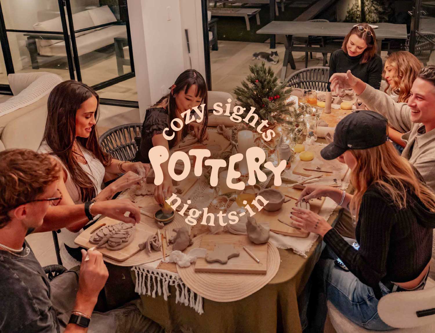 Group fun activity with friends creating handmade clay pieces at home